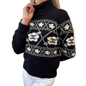 CHANEL Vintage 95A CC Logo Sweater Top Turtleneck Cashmere Black White  [105190]